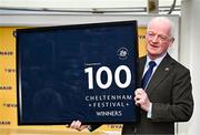 14 March 2024; Trainer Willie Mullins after he was presented with a framed print to mark his hundreth Cheltenham winner on day three of the Cheltenham Racing Festival at Prestbury Park in Cheltenham, England. Photo by Harry Murphy/Sportsfile