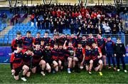 14 March 2024; Colaiste Chill Mhantain players celebrate with the McMullan Cup after the Bank of Ireland McMullen Cup final match between Coláiste Mhuire CBS, Mullingar and Colaiste Chill Mhantain at Energia Park in Dublin. Photo by Ben McShane/Sportsfile