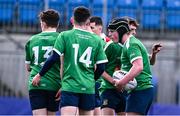 14 March 2024; John Casey of Coláiste Mhuire CBS, Mullingar, right, celebrates with teammates after scoring their side's second try  during the Bank of Ireland McMullen Cup final match between Coláiste Mhuire CBS, Mullingar and Colaiste Chill Mhantain at Energia Park in Dublin. Photo by Ben McShane/Sportsfile