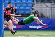 14 March 2024; John Casey of Coláiste Mhuire CBS, Mullingar, scores his side's second try during the Bank of Ireland McMullen Cup final match between Coláiste Mhuire CBS, Mullingar and Colaiste Chill Mhantain at Energia Park in Dublin. Photo by Ben McShane/Sportsfile