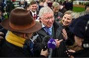 14 March 2024; Joint owner Sir Alex Ferguson is interviewed after his horse Monmiral won the Pertemps Handicap Hurdle on day three of the Cheltenham Racing Festival at Prestbury Park in Cheltenham, England. Photo by David Fitzgerald/Sportsfile