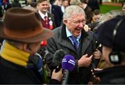 14 March 2024; Joint owner Sir Alex Ferguson is interviewed after his horse Monmiral won the Pertemps Handicap Hurdle on day three of the Cheltenham Racing Festival at Prestbury Park in Cheltenham, England. Photo by David Fitzgerald/Sportsfile