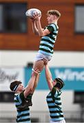14 March 2024; Niklas Leddy of St Gerard's School wins possession in the lineout during the Bank of Ireland Father Godfrey Cup final match between CUS and St Gerard's School at Energia Park in Dublin. Photo by Ben McShane/Sportsfile