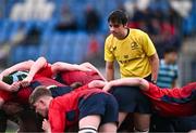14 March 2024; Referee Ryan Deacon set up a scrup during the Bank of Ireland Father Godfrey Cup final match between CUS and St Gerard's School at Energia Park in Dublin. Photo by Ben McShane/Sportsfile