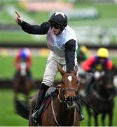 14 March 2024; Jockey Jack Kennedy celebrates aboard Teahupoo after winning the Paddy Power Stayers' Hurdle on day three of the Cheltenham Racing Festival at Prestbury Park in Cheltenham, England. Photo by David Fitzgerald/Sportsfile