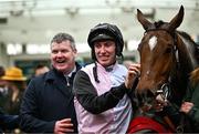 14 March 2024; Trainer Gordon Elliott, left, and jockey Jack Kennedy celebrate with Teahupoo after winning the Paddy Power Stayers' Hurdle on day three of the Cheltenham Racing Festival at Prestbury Park in Cheltenham, England. Photo by Harry Murphy/Sportsfile
