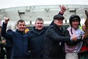 14 March 2024; Trainer Gordon Elliott, second from left, winning connections and jockey Jack Kennedy celebrate after winning the Paddy Power Stayers' Hurdle with Teahupoo on day three of the Cheltenham Racing Festival at Prestbury Park in Cheltenham, England. Photo by Harry Murphy/Sportsfile