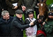 14 March 2024; Trainer Gordon Elliott, left, winning connections and jockey Jack Kennedy celebrate with Teahupoo after winning the Paddy Power Stayers' Hurdle on day three of the Cheltenham Racing Festival at Prestbury Park in Cheltenham, England. Photo by David Fitzgerald/Sportsfile