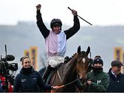 14 March 2024; Jockey Jack Kennedy celebrates aboard Teahupoo after winning the Paddy Power Stayers' Hurdle on day three of the Cheltenham Racing Festival at Prestbury Park in Cheltenham, England. Photo by Harry Murphy/Sportsfile