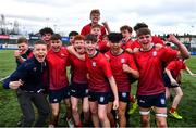 14 March 2024; CUS players celebrate after the Bank of Ireland Father Godfrey Cup final match between CUS and St Gerard's School at Energia Park in Dublin. Photo by Ben McShane/Sportsfile