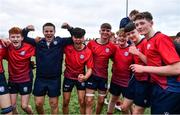 14 March 2024; CUS players celebrate after the Bank of Ireland Father Godfrey Cup final match between CUS and St Gerard's School at Energia Park in Dublin. Photo by Ben McShane/Sportsfile