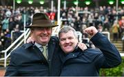 14 March 2024; Trainer Gordon Elliott, right, and Eddie O'Leary, manager of Gigginstown House Stud, celebrate after sending out Teahupoo to win the Paddy Power Stayers' Hurdle on day three of the Cheltenham Racing Festival at Prestbury Park in Cheltenham, England. Photo by David Fitzgerald/Sportsfile