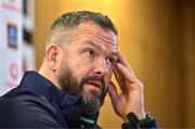 14 March 2024; Ireland head coach Andy Farrell speaks to the press during an Ireland rugby media conference at the Aviva Stadium in Dublin. Photo by Sam Barnes/Sportsfile