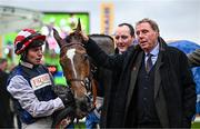 14 March 2024; Owner Harry Redknapp, right, celebrates with jockey Ben Jones and winning connections after Shakem Up'Arry won the TrustATrader Plate Handicap Chase on day three of the Cheltenham Racing Festival at Prestbury Park in Cheltenham, England. Photo by Harry Murphy/Sportsfile