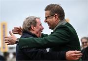 14 March 2024; Owner Harry Redknapp, left, celebrates with ITV's Ed Chamberlin after Shakem Up'Arry won the TrustATrader Plate Handicap Chase on day three of the Cheltenham Racing Festival at Prestbury Park in Cheltenham, England. Photo by Harry Murphy/Sportsfile