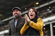 14 March 2024; Racegoers Laura and Lee Stokes react during the Ryanair Mares' Novices' Hurdle on day three of the Cheltenham Racing Festival at Prestbury Park in Cheltenham, England. Photo by David Fitzgerald/Sportsfile