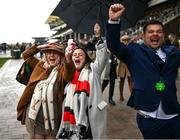 14 March 2024; Racegoers celebrate after the Ryanair Mares' Novices' Hurdle on day three of the Cheltenham Racing Festival at Prestbury Park in Cheltenham, England. Photo by David Fitzgerald/Sportsfile