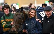 14 March 2024; Jockey Derek O'Connor celebrates with owner JP McManus, right, winning connections and Inothewayurthinkin after winning the Kim Muir Handicap Chase on day three of the Cheltenham Racing Festival at Prestbury Park in Cheltenham, England. Harry Murphy/Sportsfile