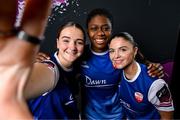 14 March 2024; Players, from left, Shauna Pearson, Hannah Saidi and Leah Martin during a Treaty United FC squad portrait session at UL North Campus in Limerick. Photo by Stephen McCarthy/Sportsfile