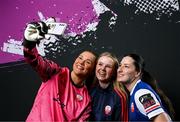 14 March 2024; Goalkeeper Anne-Marie Ulliac, media officer Emma Dineen and Esra Kangal during a Treaty United FC squad portrait session at UL North Campus in Limerick. Photo by Stephen McCarthy/Sportsfile