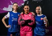 14 March 2024; Players, from left, Kayla Kyle, goalkeeper Anne-Marie Ulliac and Talia White during a Treaty United FC squad portrait session at UL North Campus in Limerick. Photo by Stephen McCarthy/Sportsfile