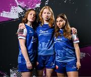 14 March 2024; Players, from left, Delana Friesen, Erin Van Dolder and Caleigh Boeckx during a Treaty United FC squad portrait session at UL North Campus in Limerick. Photo by Stephen McCarthy/Sportsfile