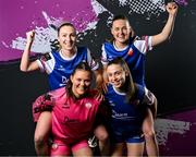 14 March 2024; Players, from left, Talia White, goalkeeper Anne-Marie Ulliac, Laura O'Neill, top, and Kayla Kyle during a Treaty United FC squad portrait session at UL North Campus in Limerick. Photo by Stephen McCarthy/Sportsfile