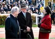 15 March 2024; Owner JP McManus, left, with trainer Willie Mullins and Princess Anne, Princess Royal, on day four of the Cheltenham Racing Festival at Prestbury Park in Cheltenham, England. Photo by David Fitzgerald/Sportsfile