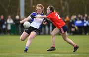 15 March 2024; Ursula Shaughnessy of Ballinrobe Community School in action against Siun Cronin of St Marys during the Lidl All-Ireland Post Primary School Junior C Championship final match between St Marys, Macroom, Cork and Ballinrobe Community School, Mayo at the University of Limerick. Photo by Matt Browne/Sportsfile