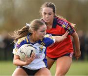 15 March 2024; Emma Stagg of Ballinrobe Community School in action against Hayleigh O'Shea of St Marys during the Lidl All-Ireland Post Primary School Junior C Championship final match between St Marys, Macroom, Cork and Ballinrobe Community School, Mayo at the University of Limerick. Photo by Matt Browne/Sportsfile