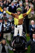 15 March 2024; Paul Townend celebrates aboard Galopin Des Champs after winning the Boodles Cheltenham Gold Cup Chase on day four of the Cheltenham Racing Festival at Prestbury Park in Cheltenham, England. Photo by Harry Murphy/Sportsfile