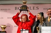 15 March 2024; Owner Audrey Turley celebrates after Galopin Des Champs, with Paul Townend up, won the Boodles Cheltenham Gold Cup Chase on day four of the Cheltenham Racing Festival at Prestbury Park in Cheltenham, England. Photo by David Fitzgerald/Sportsfile