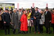 15 March 2024; Paul Townend celebrates with winning connections after winning the Boodles Cheltenham Gold Cup Chase, aboard Galopin Des Champs, on day four of the Cheltenham Racing Festival at Prestbury Park in Cheltenham, England. Photo by David Fitzgerald/Sportsfile