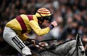 15 March 2024; John Dawson celebrates on Sine Nomine after winning the St James's Place Festival Challenge Cup Open Hunters' Chase on day four of the Cheltenham Racing Festival at Prestbury Park in Cheltenham, England. Photo by Harry Murphy/Sportsfile