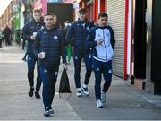 15 March 2024; Shelbourne players, from left, Gavin Molloy, Dean Williams, Evan Caffrey and Tyreke Wilson arrive before the SSE Airtricity Men's Premier Division match between St Patrick's Athletic and Shelbourne at Richmond Park in Dublin. Photo by Seb Daly/Sportsfile