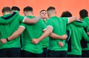 15 March 2024; Ben O’Connor of Ireland during a team huddle before the U20 Six Nations Rugby Championship match between Ireland and Scotland at Virgin Media Park in Cork. Photo by Brendan Moran/Sportsfile