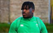 15 March 2024; Sean Edogbo of Ireland arrives before the U20 Six Nations Rugby Championship match between Ireland and Scotland at Virgin Media Park in Cork. Photo by Brendan Moran/Sportsfile