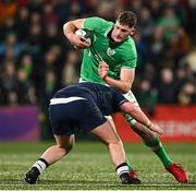 15 March 2024; Evan O’Connell of Ireland in action against Callum Smyth of Scotland during the U20 Six Nations Rugby Championship match between Ireland and Scotland at Virgin Media Park in Cork. Photo by Brendan Moran/Sportsfile