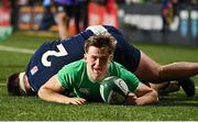 15 March 2024; Hugo McLaughlin of Ireland after scoring his side's first try during the U20 Six Nations Rugby Championship match between Ireland and Scotland at Virgin Media Park in Cork. Photo by Brendan Moran/Sportsfile