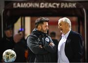 15 March 2024; Shamrock Rovers manager Stephen Bradley, left, and Galway manager John Caulfield  before the SSE Airtricity Men's Premier Division match between Galway United and Shamrock Rovers at Eamonn Deacy Park in Galway. Photo by Piaras Ó Mídheach/Sportsfile