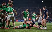 15 March 2024; Danny Sheahan of Ireland scores his side's third try during the U20 Six Nations Rugby Championship match between Ireland and Scotland at Virgin Media Park in Cork. Photo by Brendan Moran/Sportsfile