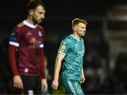 15 March 2024; Rory Gaffney of Shamrock Rovers, right, leaves the pitch at half-time during the SSE Airtricity Men's Premier Division match between Galway United and Shamrock Rovers at Eamonn Deacy Park in Galway. Photo by Piaras Ó Mídheach/Sportsfile