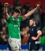 15 March 2024; Ireland captain Evan O’Connell celebrates at the final whistle of the U20 Six Nations Rugby Championship match between Ireland and Scotland at Virgin Media Park in Cork. Photo by Brendan Moran/Sportsfile