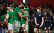 15 March 2024; Ireland captain Evan O’Connell, left, and teammate Jack Murphy at the final whistle of the U20 Six Nations Rugby Championship match between Ireland and Scotland at Virgin Media Park in Cork. Photo by Brendan Moran/Sportsfile
