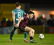 15 March 2024; Edward McCarthy of Galway United in action against Daniel Cleary of Shamrock Rovers during the SSE Airtricity Men's Premier Division match between Galway United and Shamrock Rovers at Eamonn Deacy Park in Galway. Photo by Piaras Ó Mídheach/Sportsfile