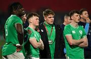15 March 2024; Tadhg Brophy of Ireland, second from left, and his teammates react after England score a second half try in their match against France, after the U20 Six Nations Rugby Championship match between Ireland and Scotland at Virgin Media Park in Cork. Photo by Brendan Moran/Sportsfile