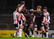 15 March 2024; James Akintunde of Bohemians celebrates after scoring his side's second goal during the SSE Airtricity Men's Premier Division match between Bohemians and Derry City at Dalymount Park in Dublin. Photo by Tyler Miller/Sportsfile
