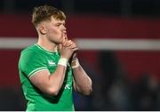 15 March 2024; Bryn Ward of Ireland watches the England v France their match, after the U20 Six Nations Rugby Championship match between Ireland and Scotland at Virgin Media Park in Cork. Photo by Brendan Moran/Sportsfile