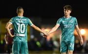 15 March 2024; Johnny Kenny of Shamrock Rovers celebrates with team-mate Graham Burke, 10, after scoring their side's first goal during the SSE Airtricity Men's Premier Division match between Galway United and Shamrock Rovers at Eamonn Deacy Park in Galway. Photo by Piaras Ó Mídheach/Sportsfile