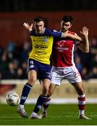 15 March 2024; Sean Boyd of Shelbourne in action against Luke Turner of St Patrick's Athletic during the SSE Airtricity Men's Premier Division match between St Patrick's Athletic and Shelbourne at Richmond Park in Dublin. Photo by Shauna Clinton/Sportsfile
